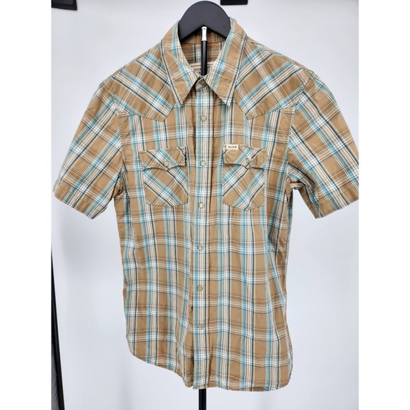 Hollister Other - Hollister Mens Western Plaid Short Sleeve Pearl Snap Shirt Tan Blue Size M